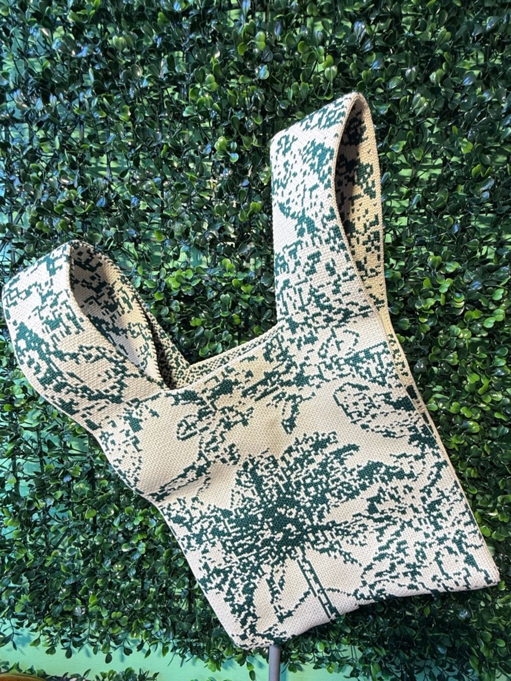 Elegant Toile Knot Bag | Japanese Style Knit Wrist Bag - Green & Ivory Palm